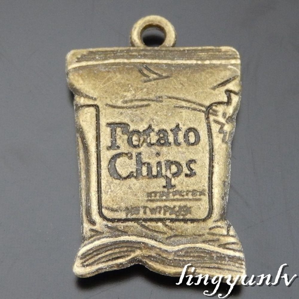 4 pcs Pack Antiqued Bronze Alloy Potato Chips Bag Shaped Pendant Charm 25x16x4mm