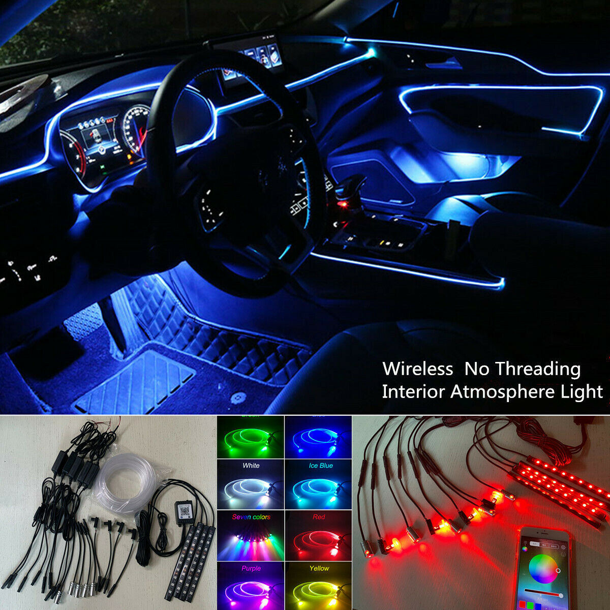 13PC Wireless APP Control Optic Fiber LED EL Light Car Interior  Atmosphere Lamp