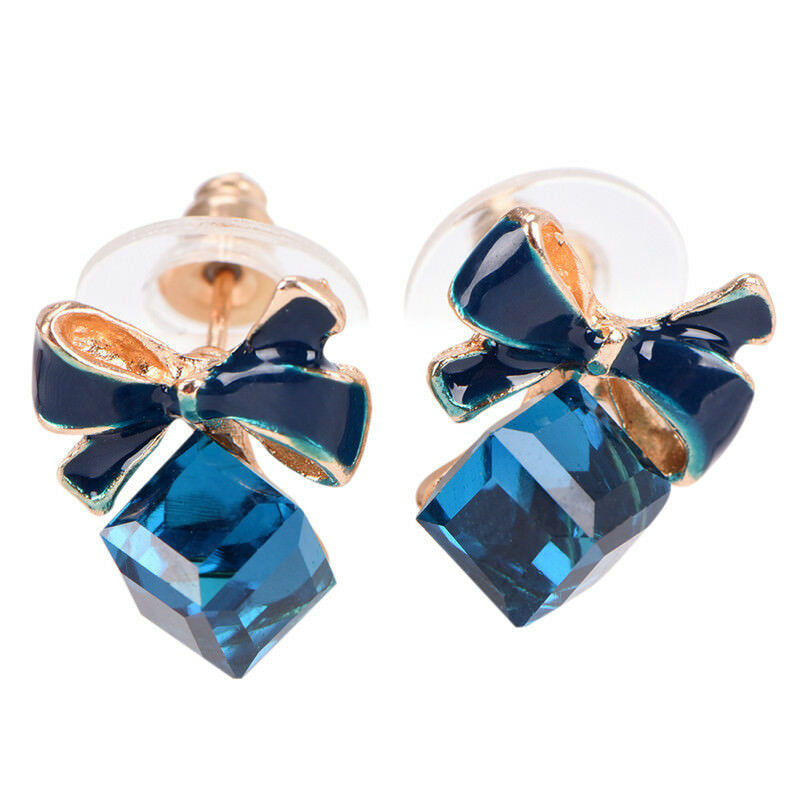 Blue Crystal Rhinestone Enamel Bow Ear Stud Bowknot Earrings Gift WomenJew.l8