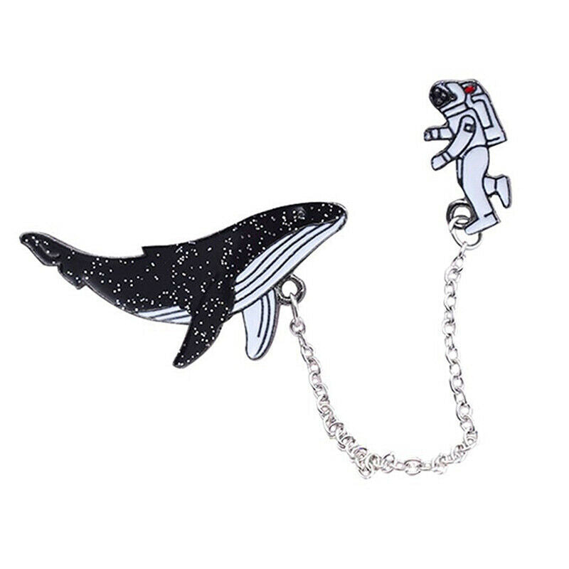 Whale Astronaut Chain Brooch Cartoon Animals Sea Fish Outer Space Lapel P.l8