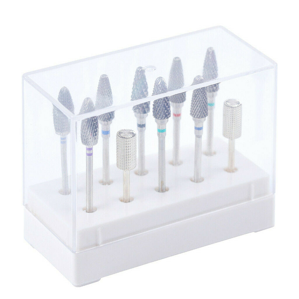 10 Holes Nail Drill Bits Holder Stand Organizer Case Display Box White