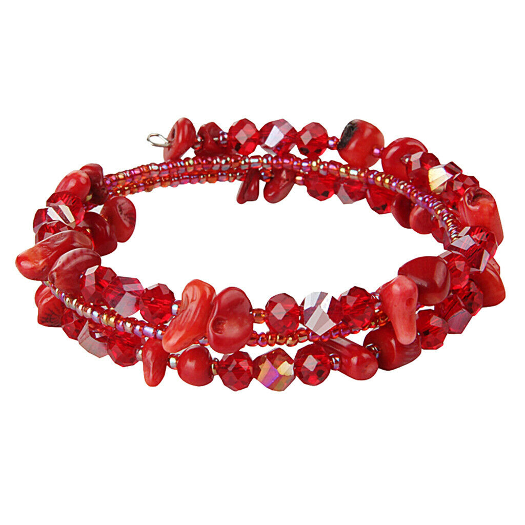 Adjustable 3 Rings Handmade Natural Crystal Bracelet Wrap Wristband Red