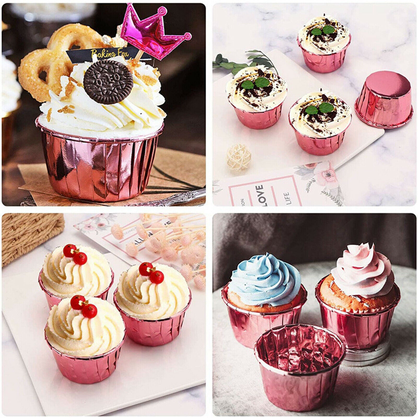 50x Foil Cup Cake Cases Cupcake Muffin Paper Baking Cups Wrappers Rose Pink