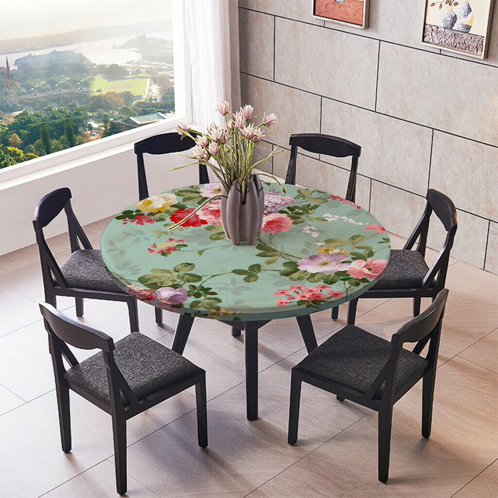 2pcs Polyester Table Cover Kitchen Elastic Edged Tablecloth Floral Pattern
