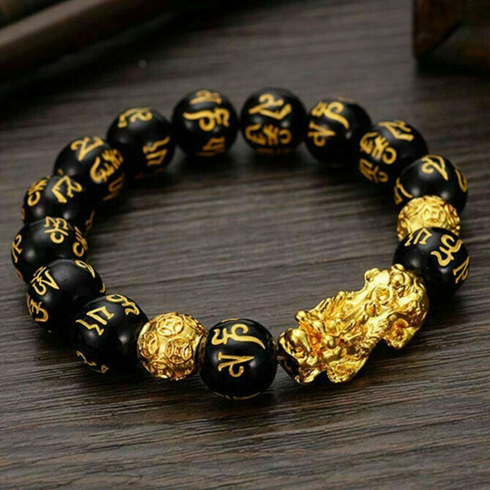 Natural Stone Feng Shui Black Obsidian Alloy Wealth Bracelet Quality
