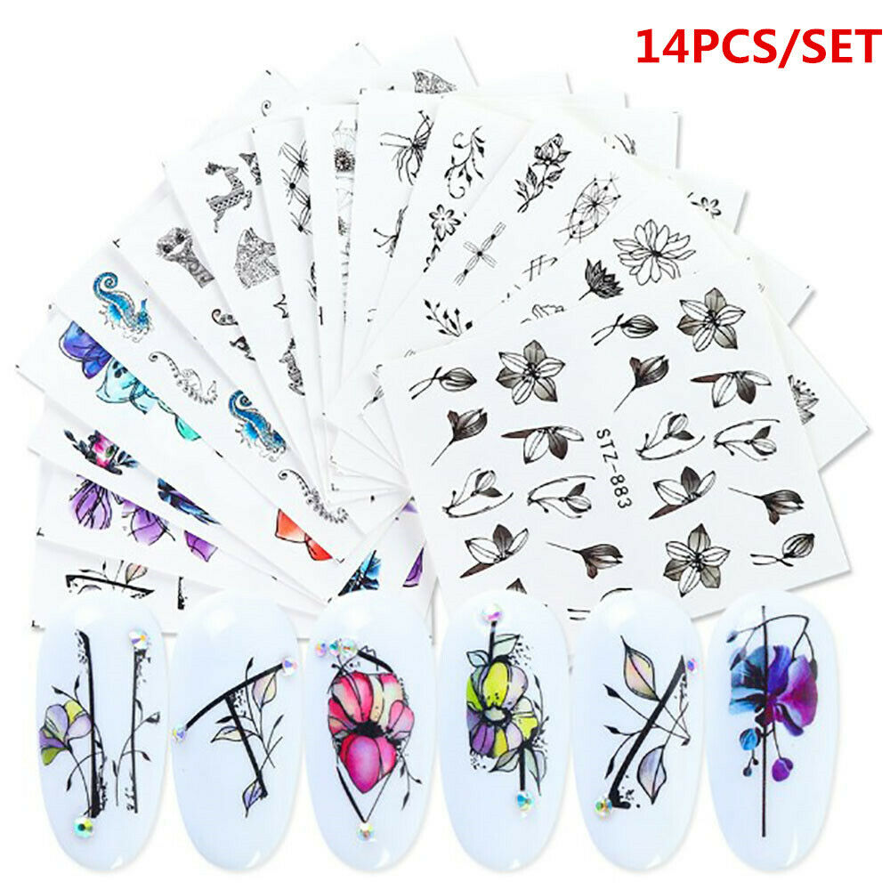 14Sheet Butterfly Nail Stickers Water Transfer Decals Nail Art Decor Tips Art
