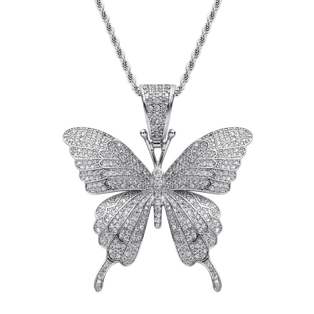 2x Charm Jewelry Zircon Butterfly Pendants Necklace Hip Hop Chain Unisex