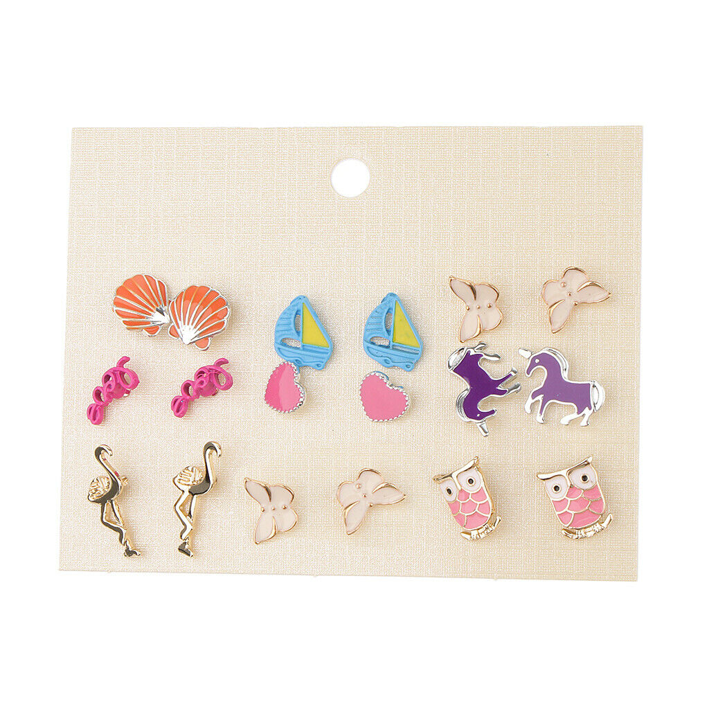 9 Pairs Cute Girl Animal Flamingo Veil Owl Butterfly Ear Set