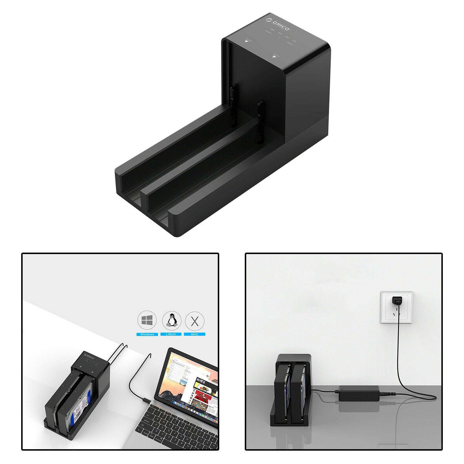 Dual Bay 3.5in HDD SSD Hard Drive Docking Station Enclosure w/Offline Clone