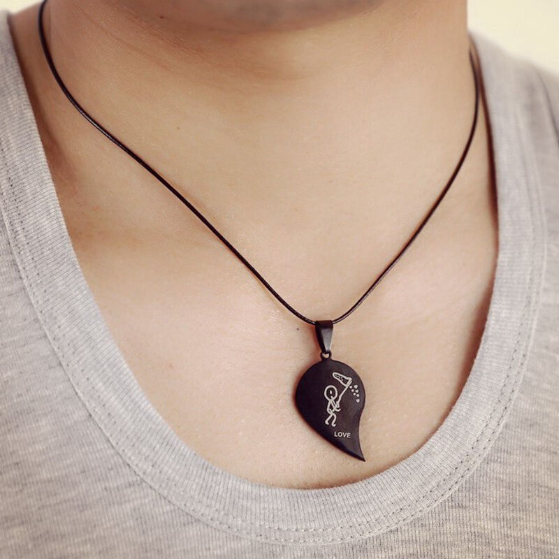 Couple Broken Heart Pendant Black Cord Engrave Love You Choker Necklace  .l8