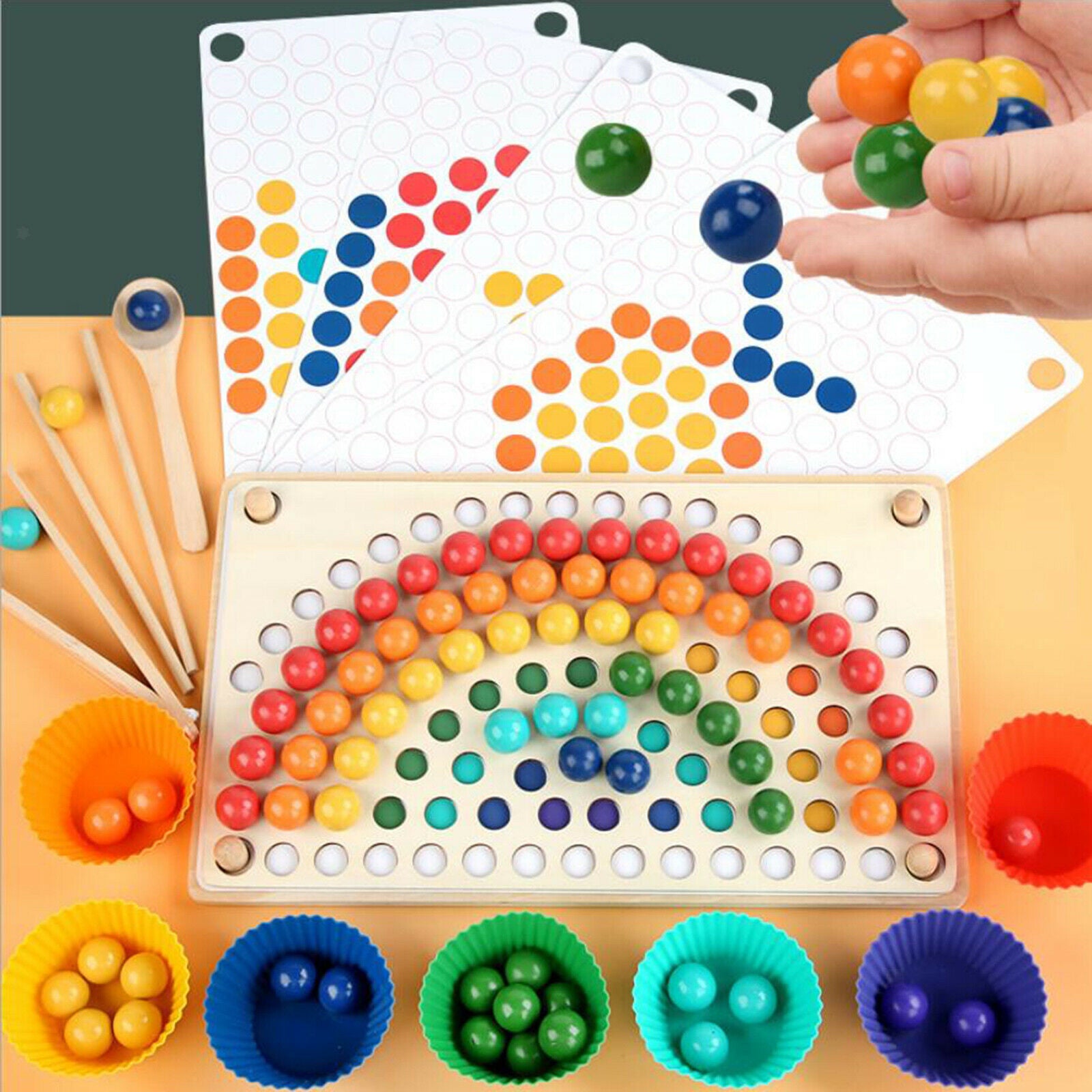 Rainbow Wooden Beading Game Puzzle Montessori Preschool Educational Toys Kids