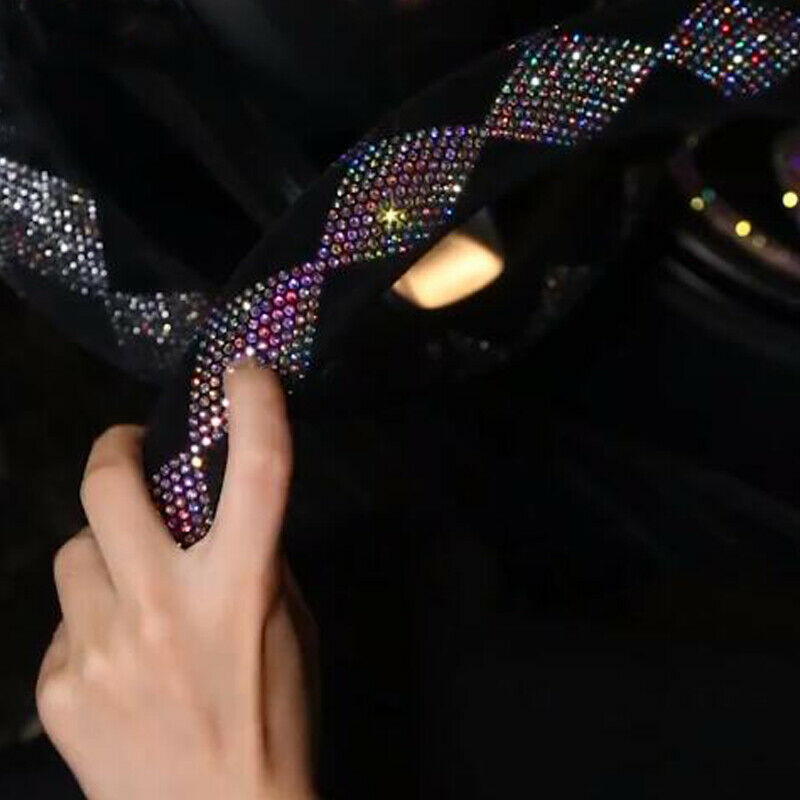 Car Anti Slip Interior 38cm 15" Color Diamond Suede Steering Wheel Cover w/Bling