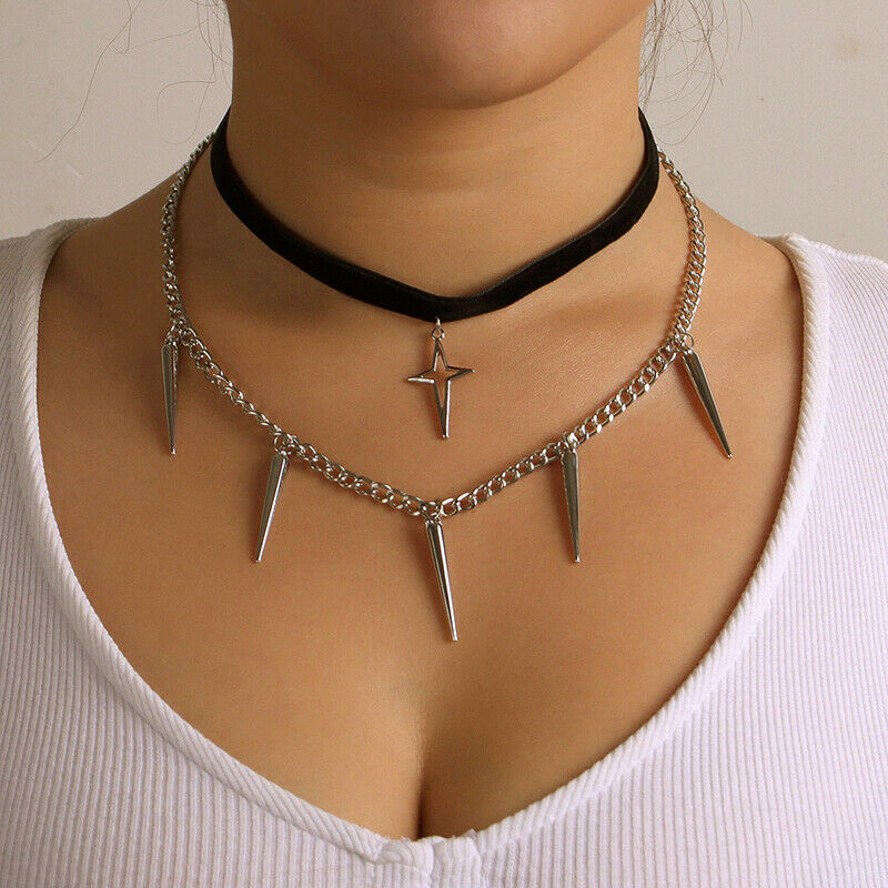 Fashion Punk Double-layer Cone Pendant Necklace Choker Jewelry Accessori.l8