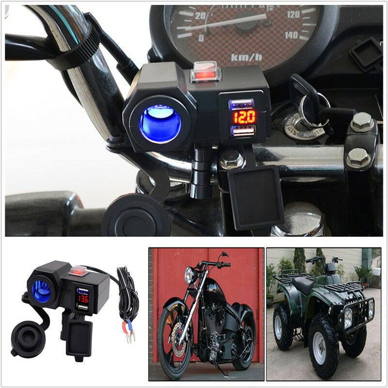 Motorcycle 12V Dual USB Power Port Blue LED Charger For Scooter ATV Waterproof
