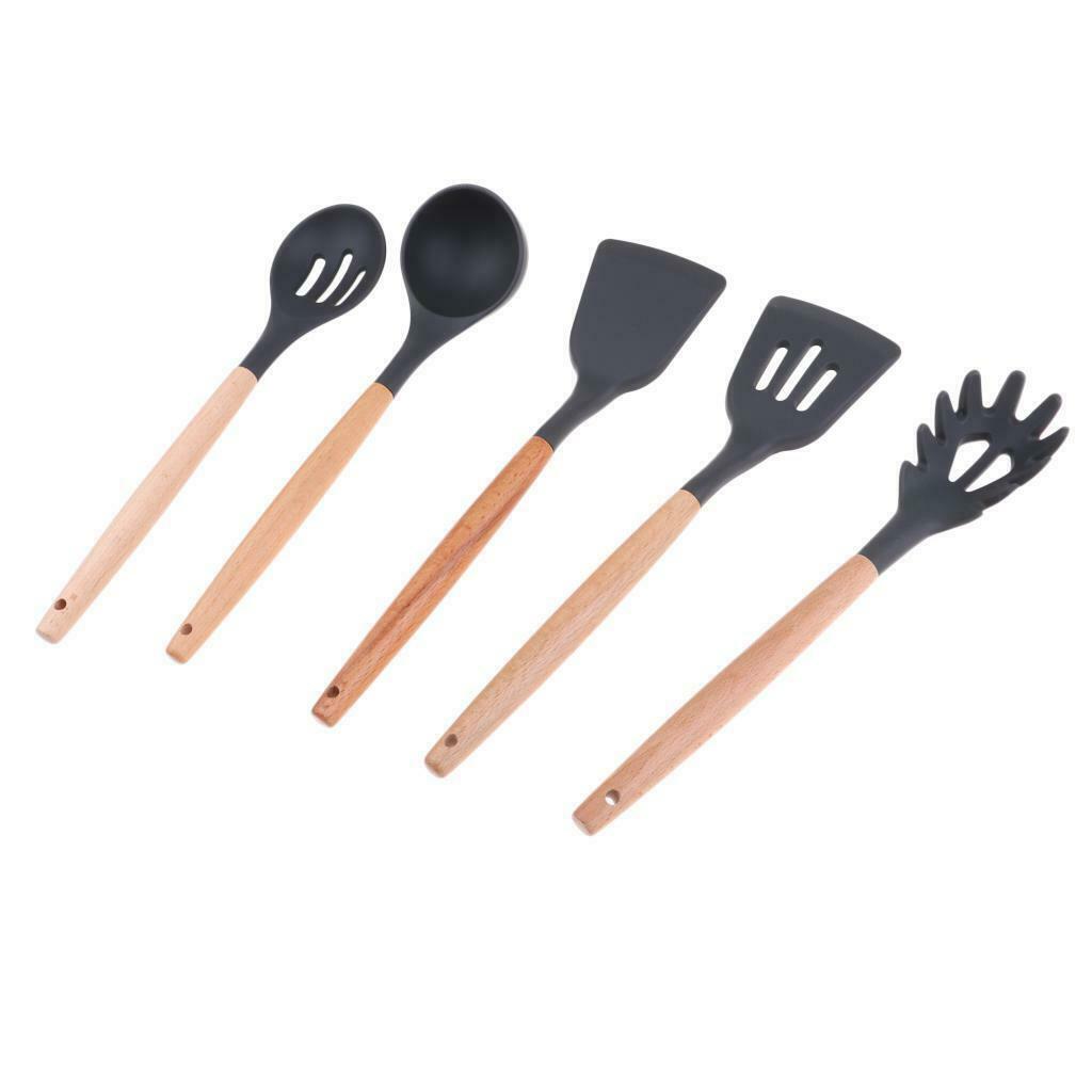 Outdoor Camping Kitchen Utensil Set Silicone Cooking Tool with Wood Handle B