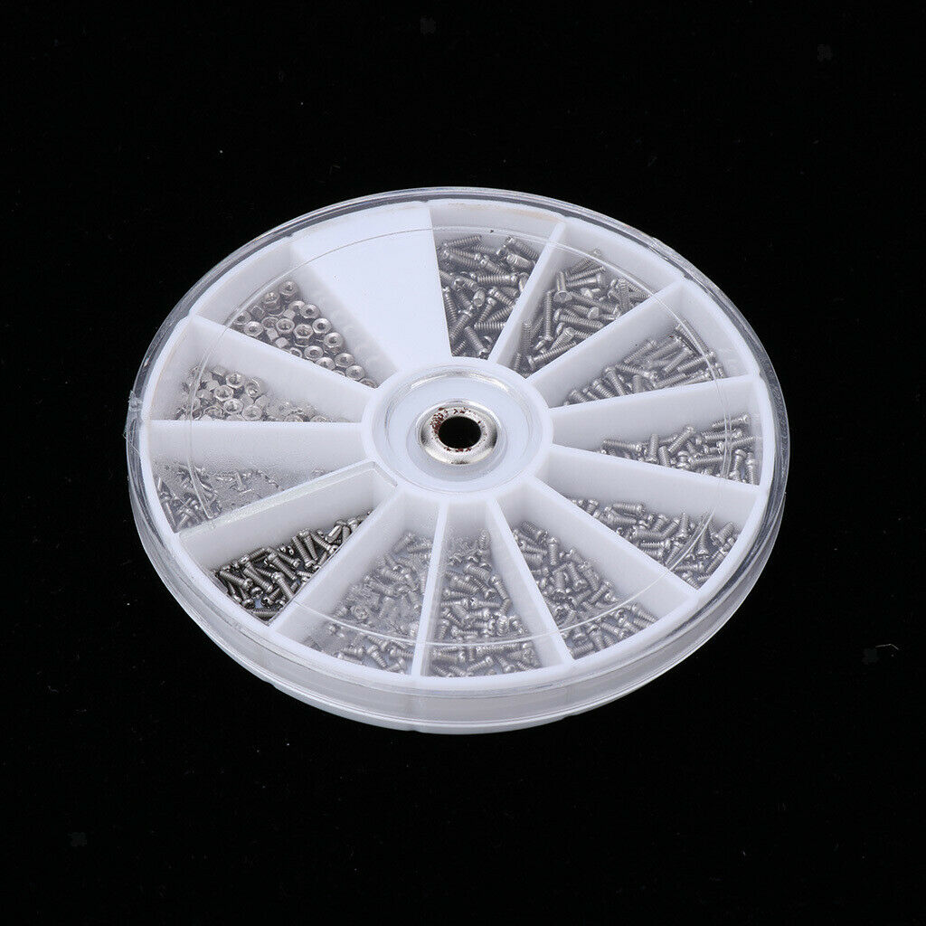 600pcs Tiny Glasses Screws Nuts Watch Repair Tool Kit in 12 Grids Round Box,