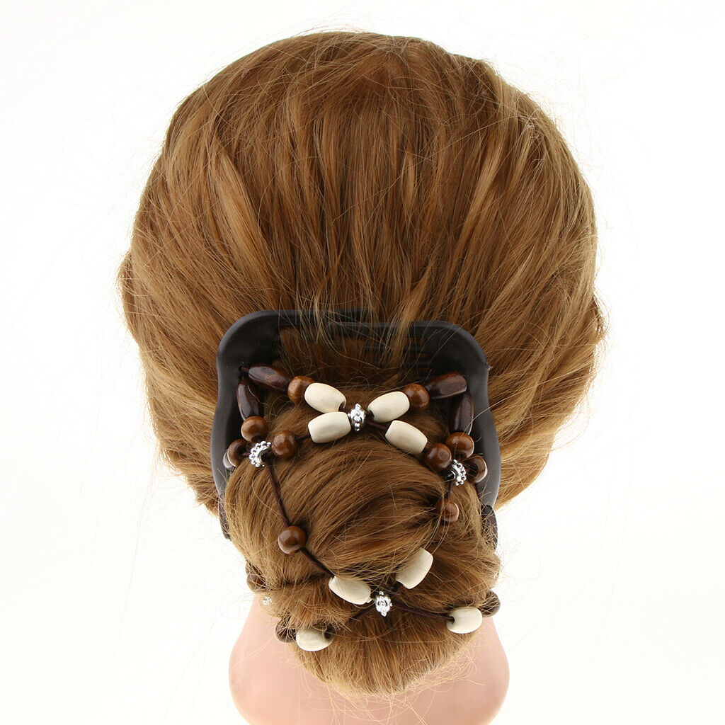 Prettyia 4x Wooden Bead Double Hair Comb Clips Stretch Hair Stying Accessory