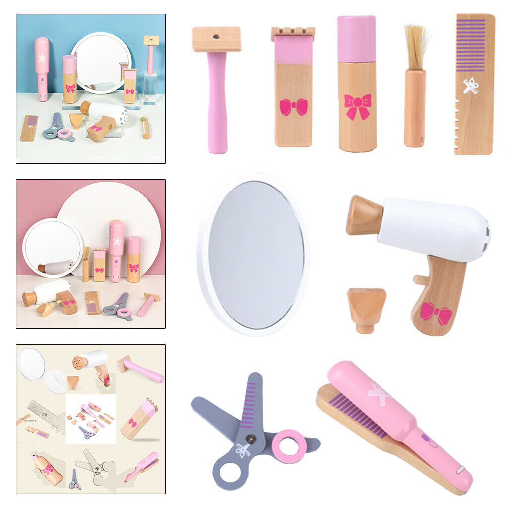 Wooden Pretend Play Toys for Girls Makeup Playset Hair Dryer Comb Brush Kit