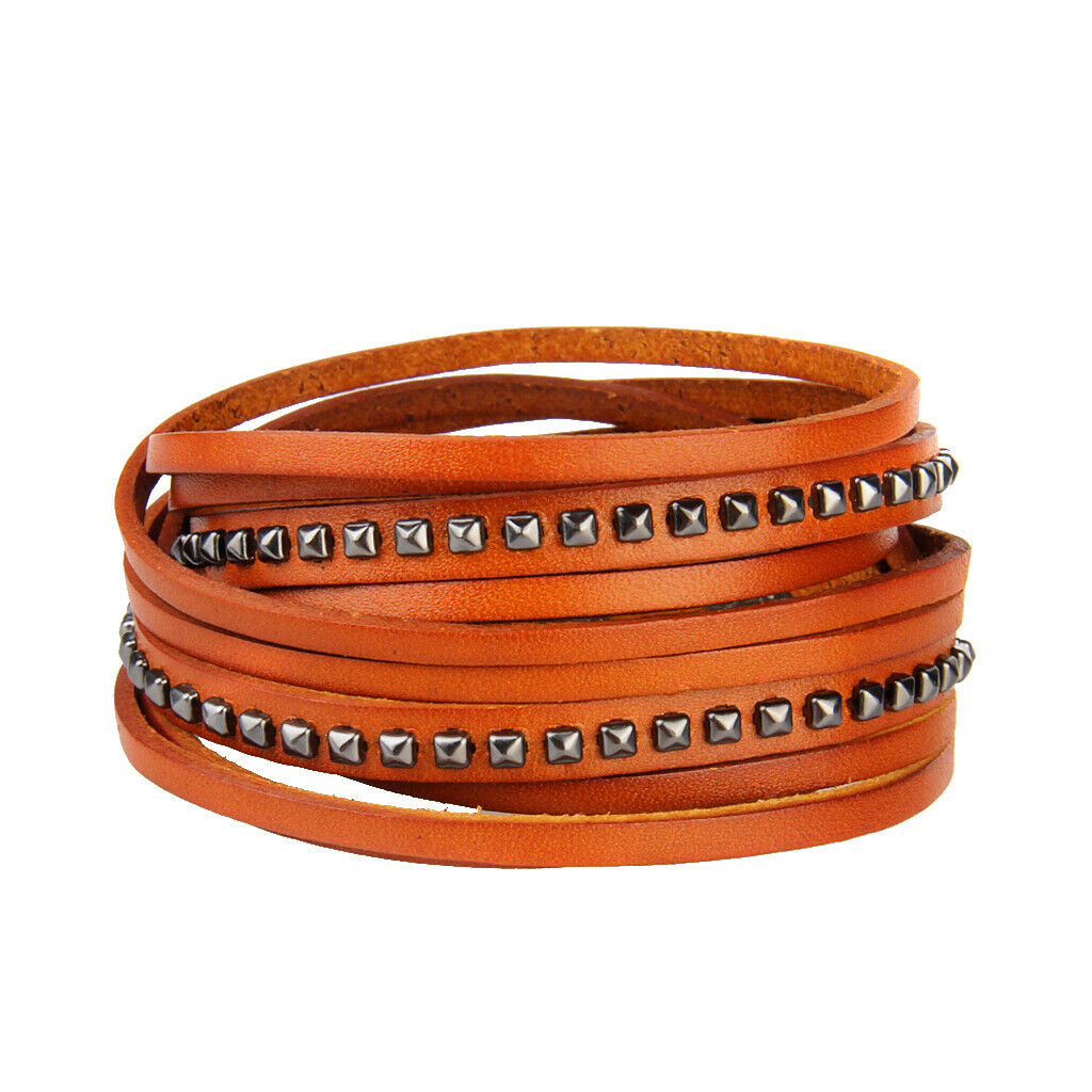 Rivet Punk PU Leather Wrap Wristband Multilayer Bracelet Adjustable Orange