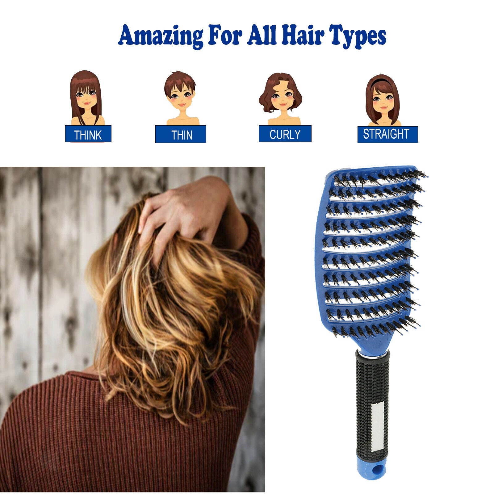 2x Curved Paddle Comb Scalp Massage Hair Brush Boar  Hair Detangling