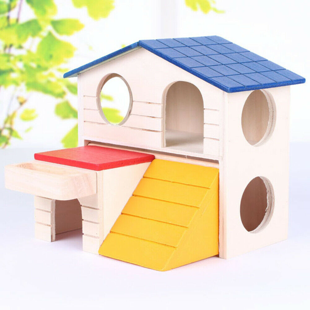 Cute Hamster Double Layer Cabin Wooden Small Animal Climbing Hideout Nest @