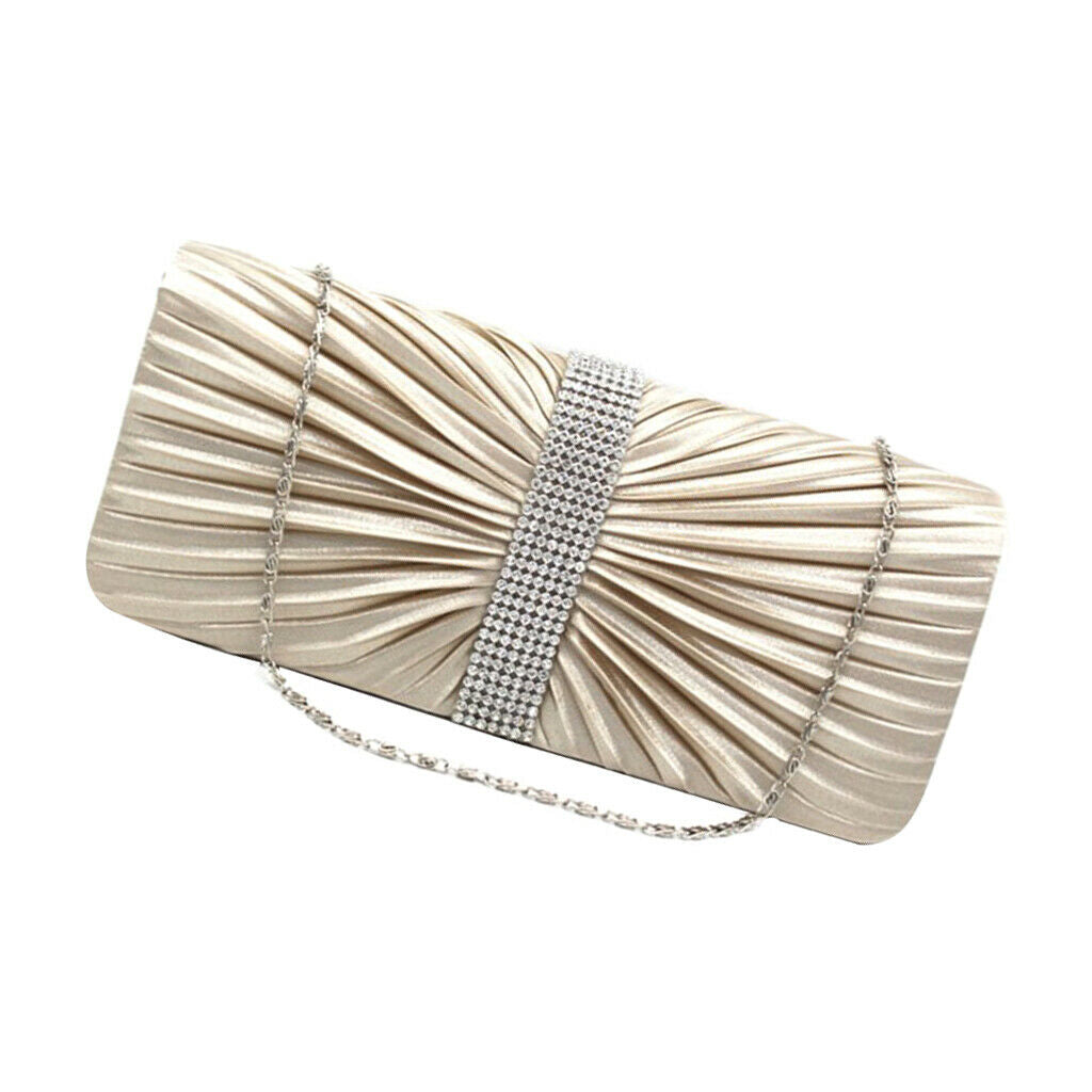 Women Elegant Crystal Satin Pleated Evening Party Wedding Handbag Apricot