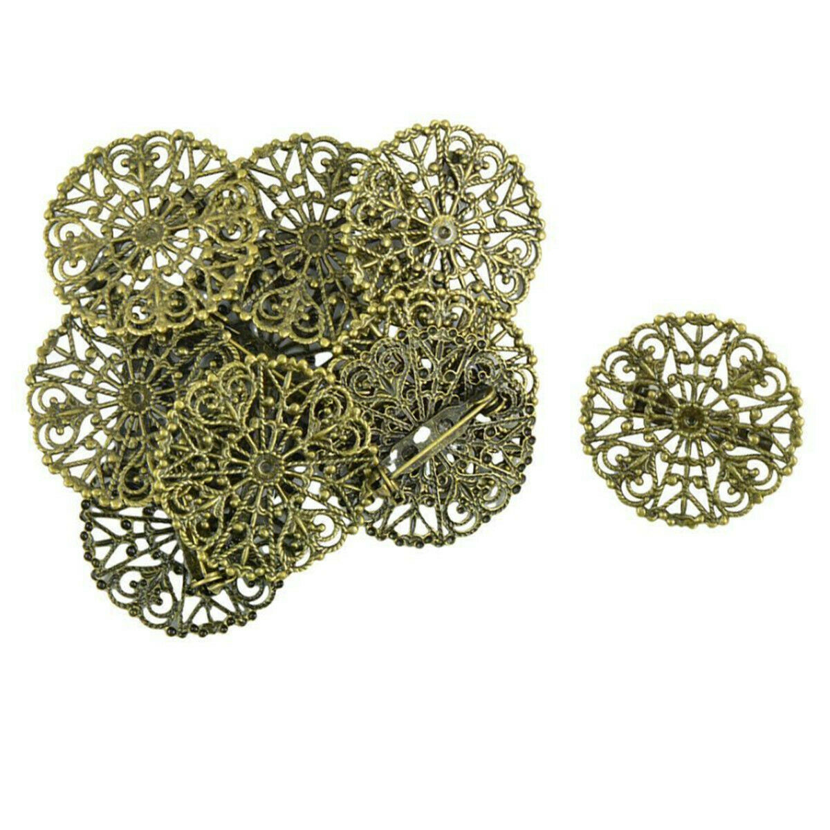 10pcs Retro Filigree Flower Blank Brooch Base Round Pins Back Brooches Settings