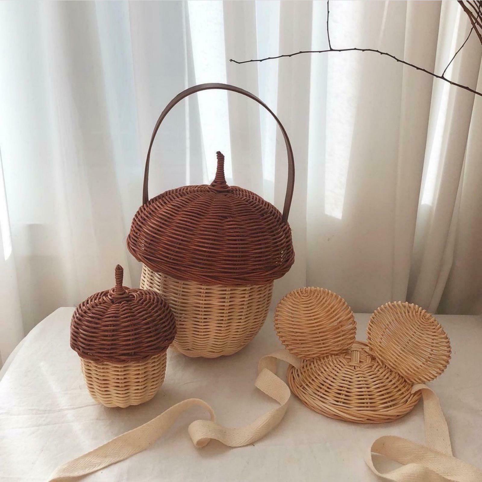 Girls Straw Purse Bag Pine Cones Rattan Basket Beach Tote Handbag Photo Prop