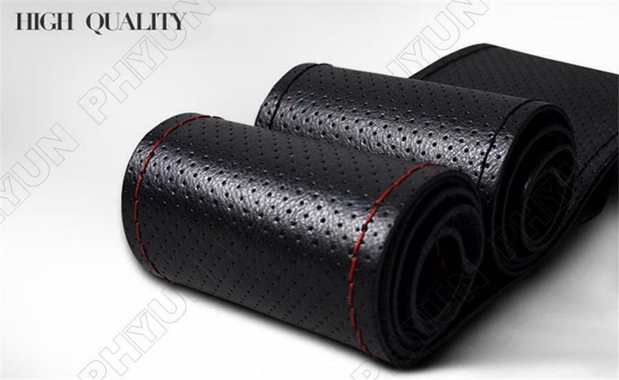 38cm DIY Hand Sewing Car Steering Wheel Cover Premium Leather Black & Red Line