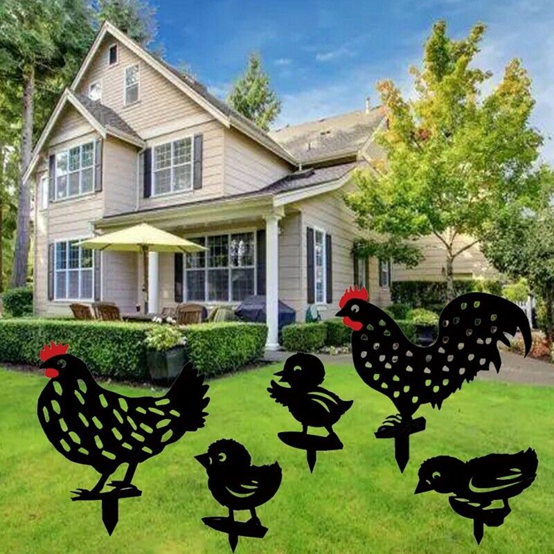 5 PCS Rooster Stakes Chicken Family Garden Silhouette Yard Art Chicken StatuJ9E8