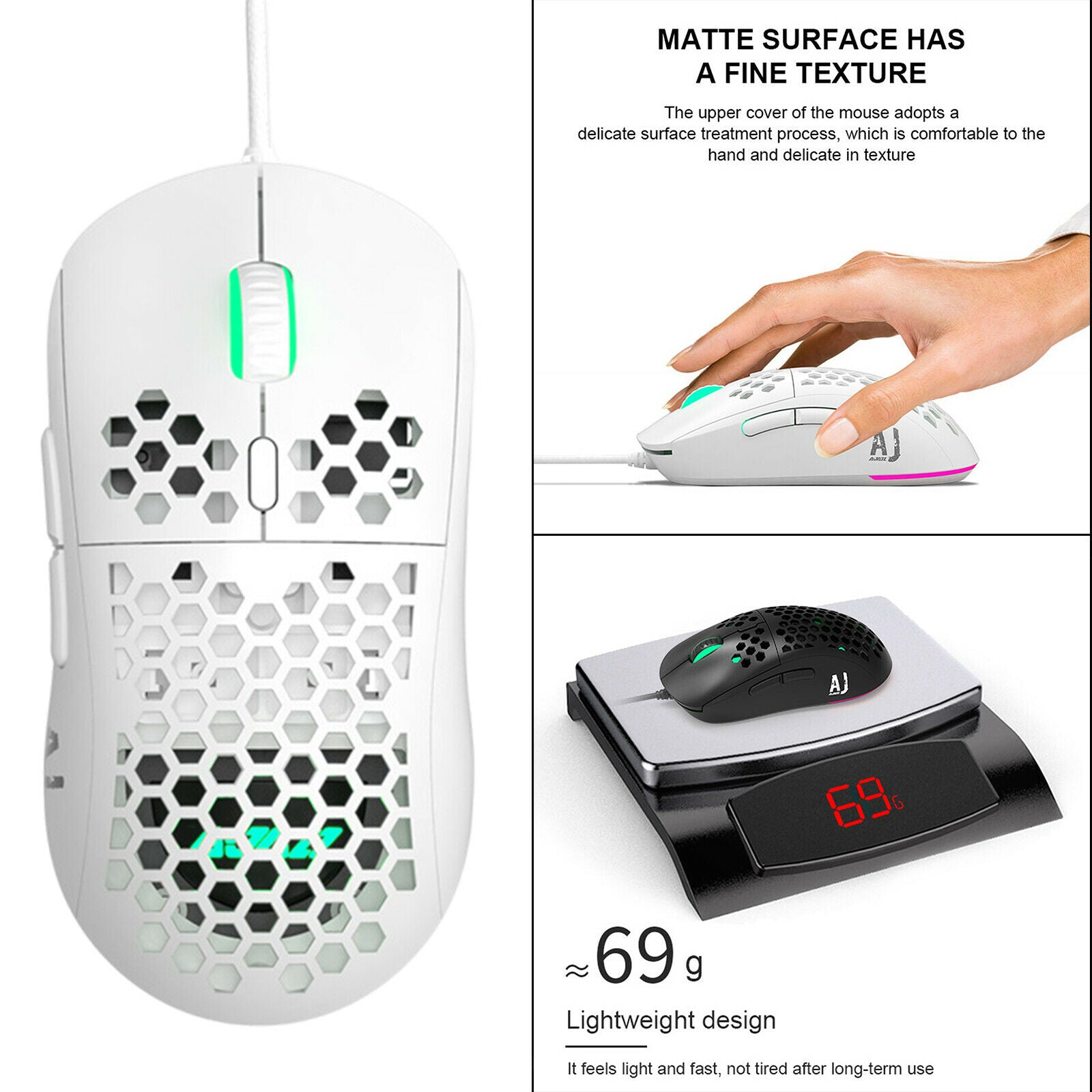 380R RGB Gaming Mouse Wired Honeycomb Design for Laptop Breathable 65g White