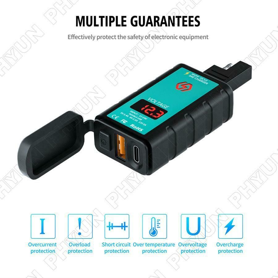 Motorcycle Moped USB + Type-C Fast Charger w/ Voltmeter Power Switch SAE Socket