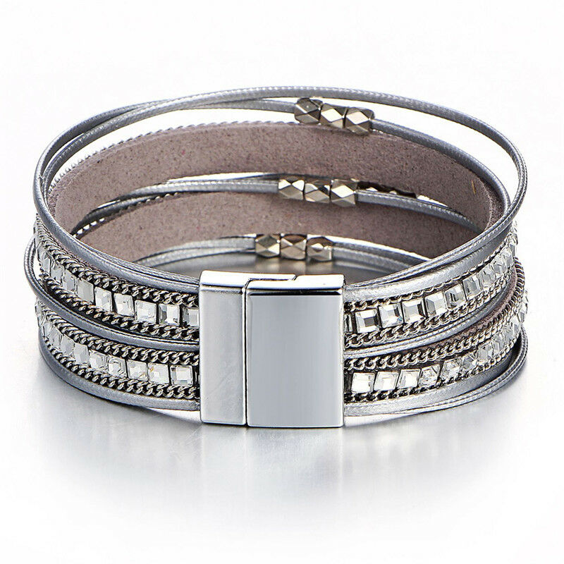 Women Multilayer Crystal Leather Magnet Wrap Cuff Charm Bracelet Jewelry .l8