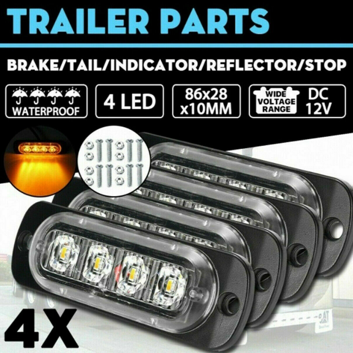 4Pcs Car Truck Amber 4LED Emergency Beacon Warning Light Hazard Flash Strobe Bar