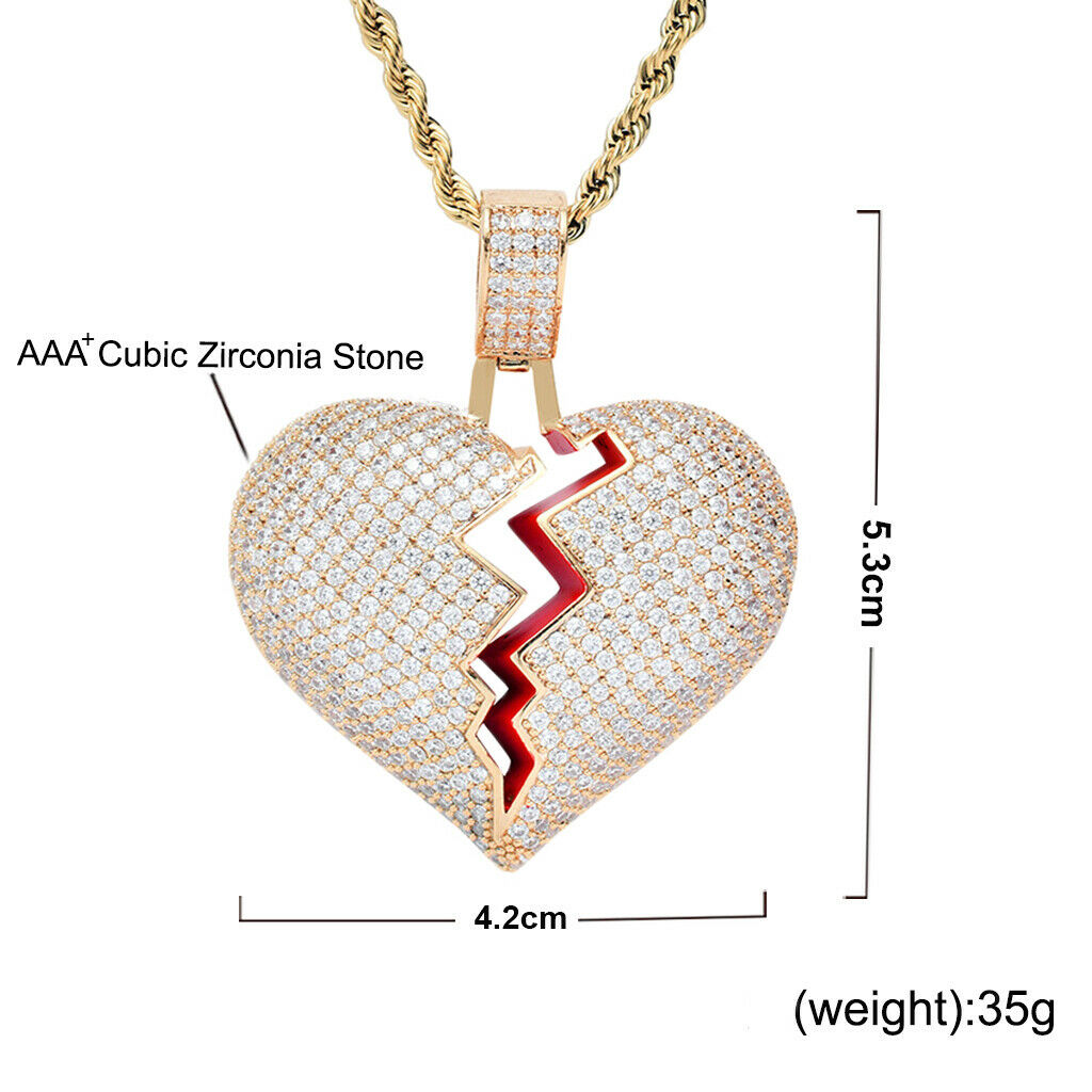 Heart-broken shape pendant zircon hip-hop necklace Golden