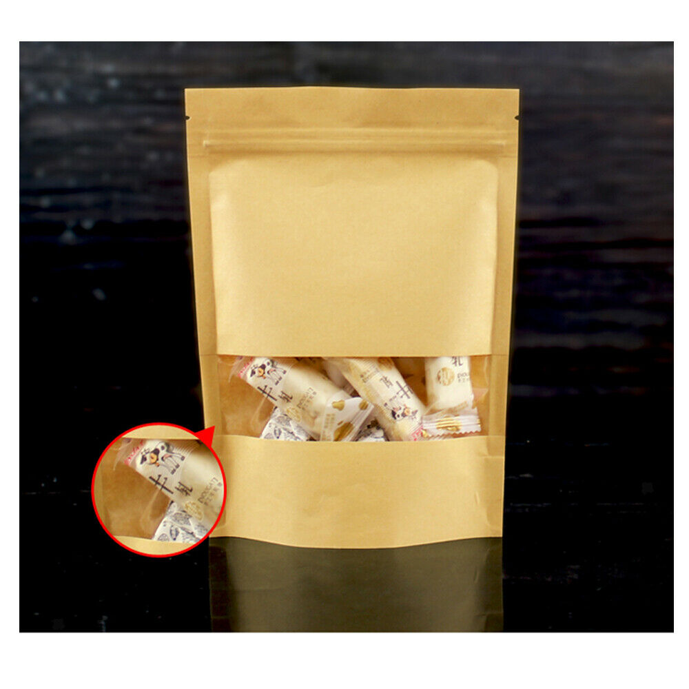 100X Kraft Paper Bags w/ Transparent Window Dry Food Coffee Storage 14x22+4