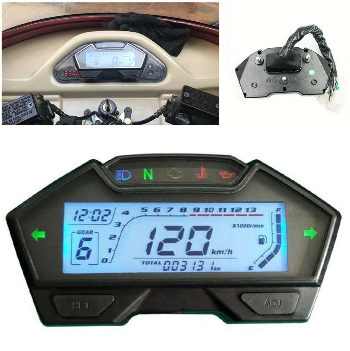 Multi-function ALL-IN-ONE LCD Motorcycle Instrument ODO RPM Temp Gear Fuel Gauge