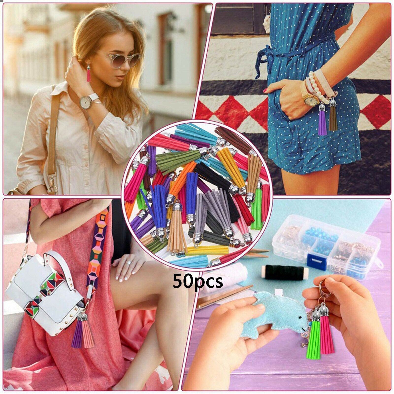 50 Pieces Colored Leather Keychain Tassels Pendants DIY Fringe DIY Craft