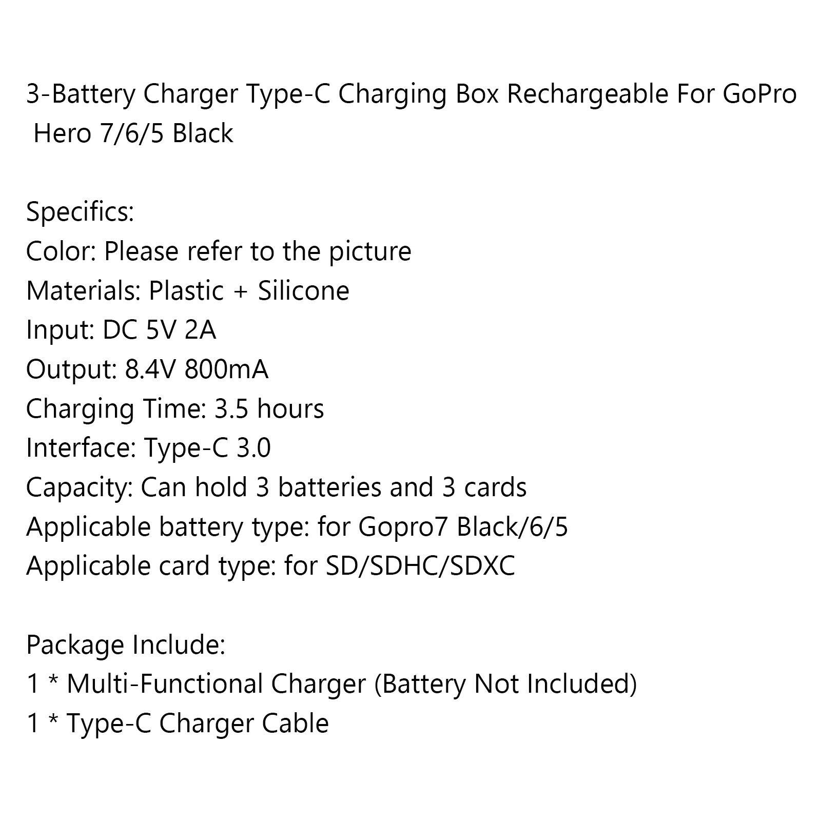 3-Battery Charger Type-C Charging Box Rechargeable For GoPro Hero 7/6/5 CA