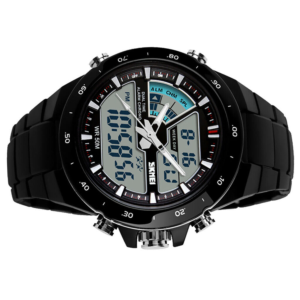 Unisex Sports Watch Dual Time Led Light 50M Waterproof Light Black and White