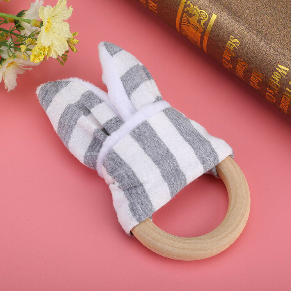 6 Months Baby Rabbit Bunny Ear Teething Ring Safety Wooden Chew Teether Gift