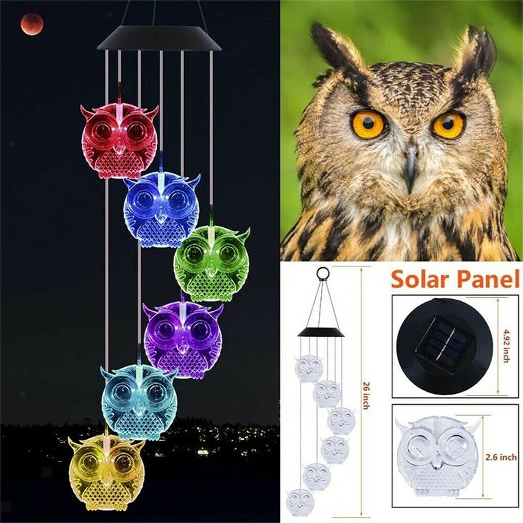 Owl Shape Solar Wind Chime Wind Bell LED Lamp Light Home Landscape Ornament