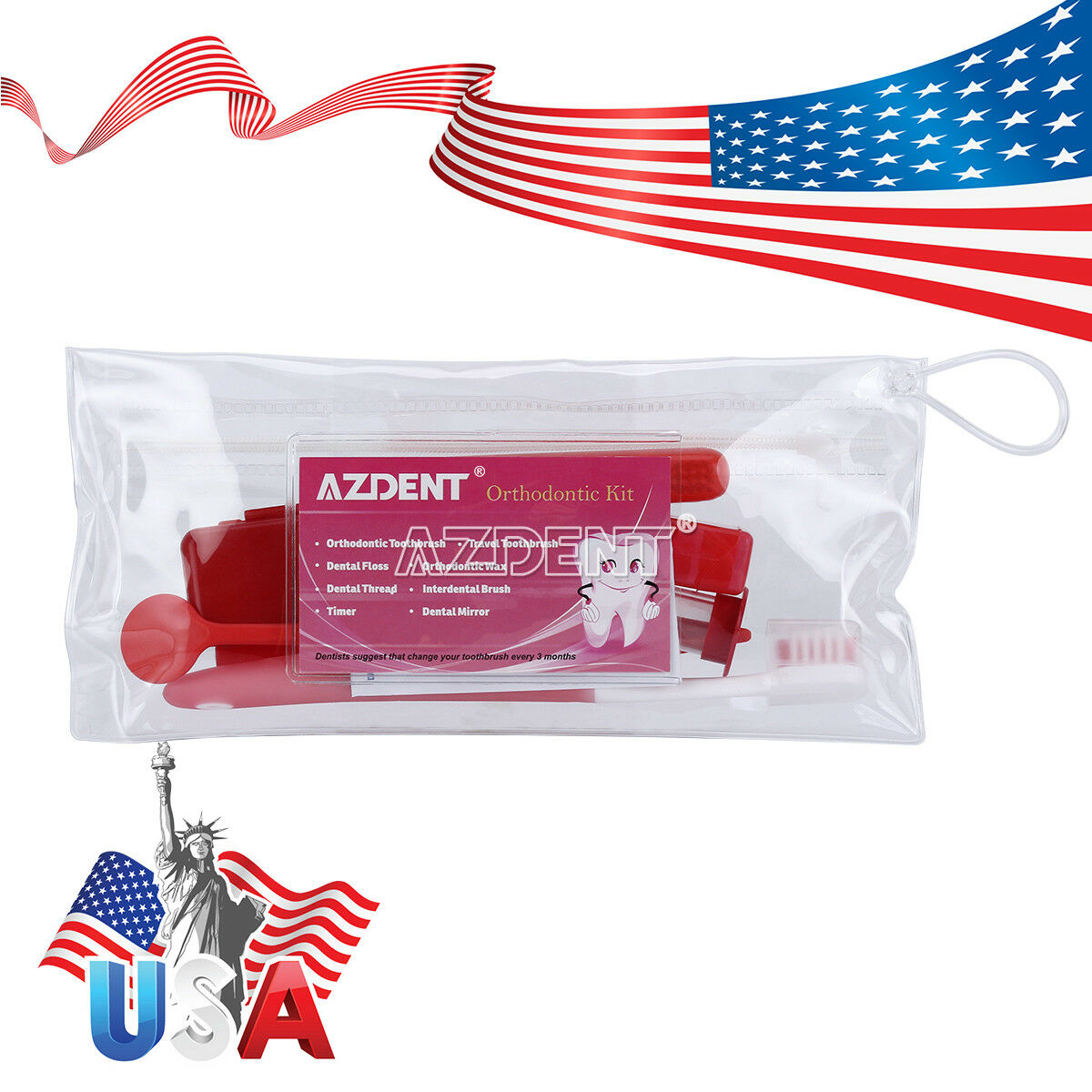 30 Packs Dental Orthodontic Toothbrush Kits Oral Care Brush Floss Brush Ties RED