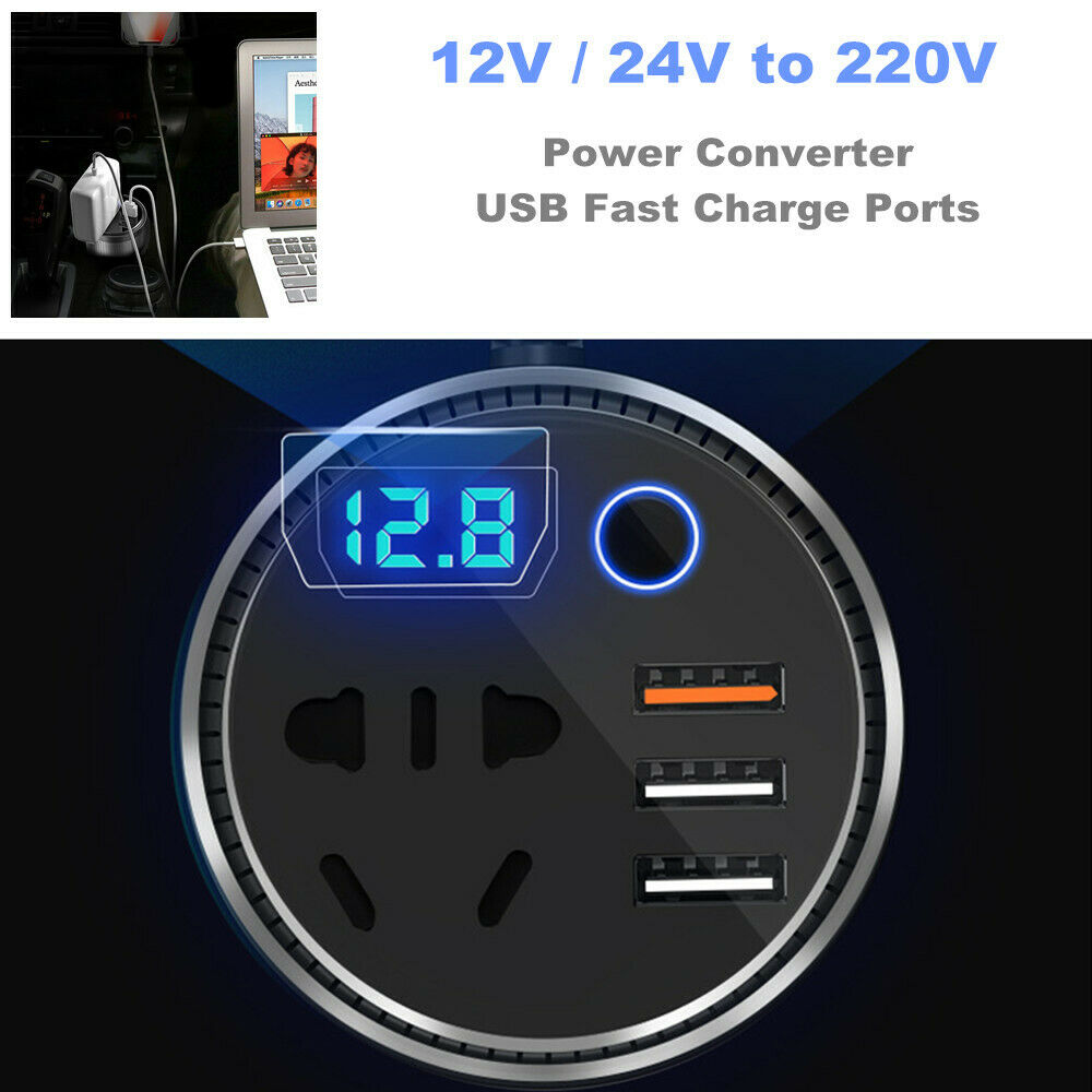 12/24V to 220V Inverter Power Socket Digital Converter w/ 3 USB Fast Charge Port