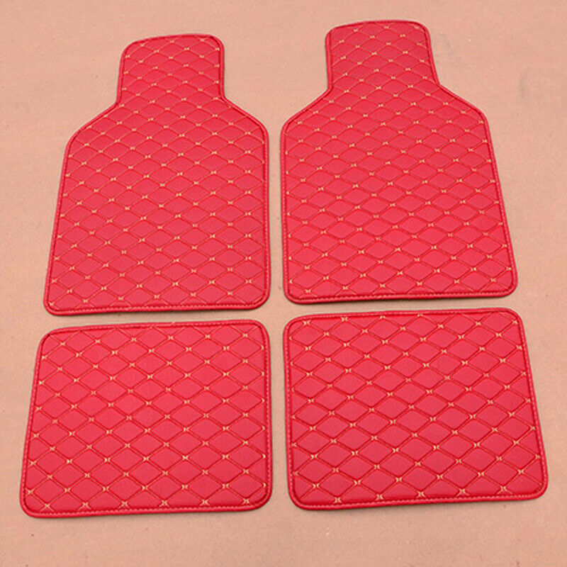 4PCS Red Leather Car Floor Mats Quilted Design Waterproof Liners Carpets Durable