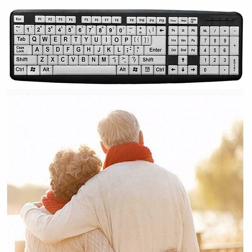 107 Keys USB Wired Large Print White Keys Black Letter Keyboard for Elderly Old