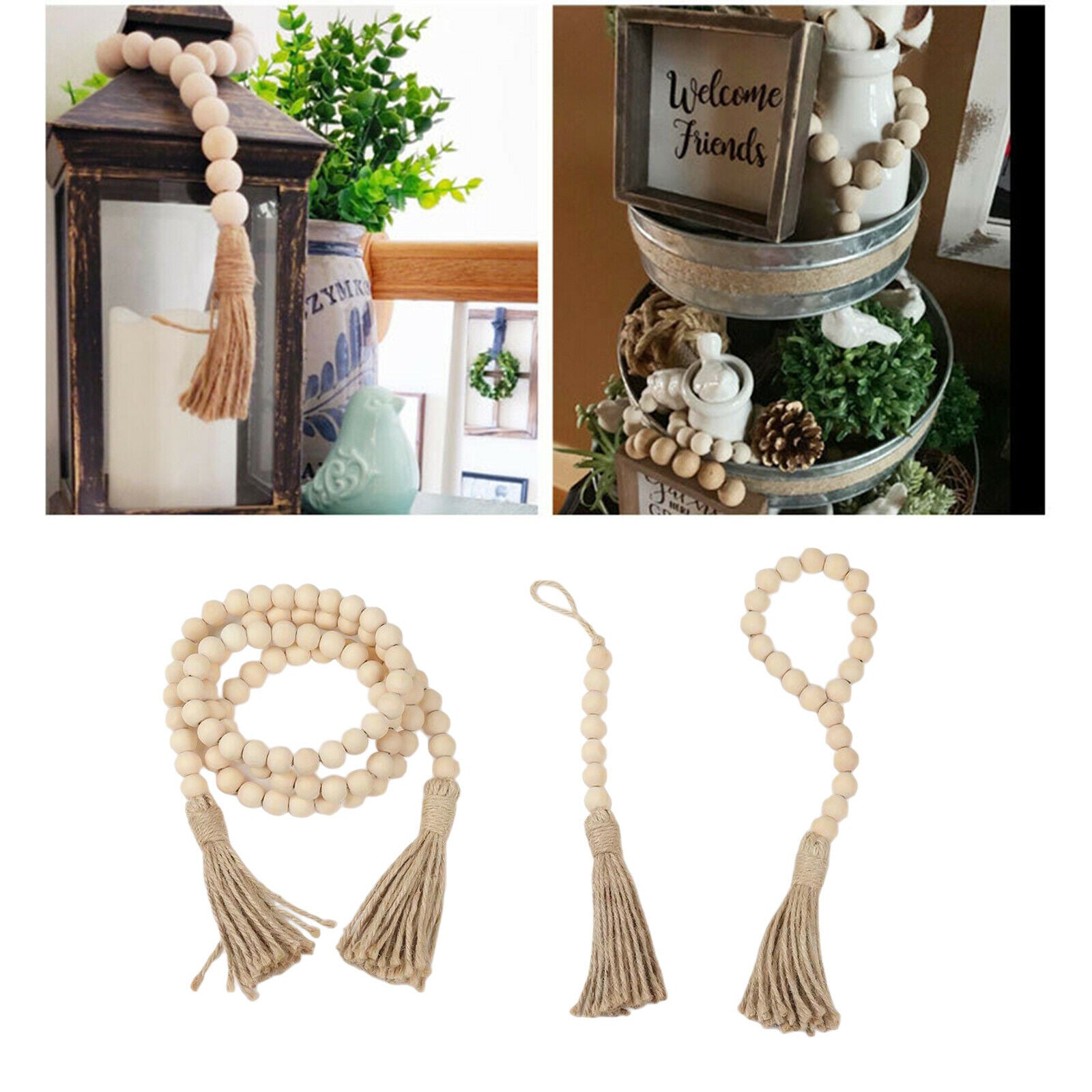 3Pieces Wood Bead Garland Farmhouse Rustic Country Beads Holiday Decoration Wall