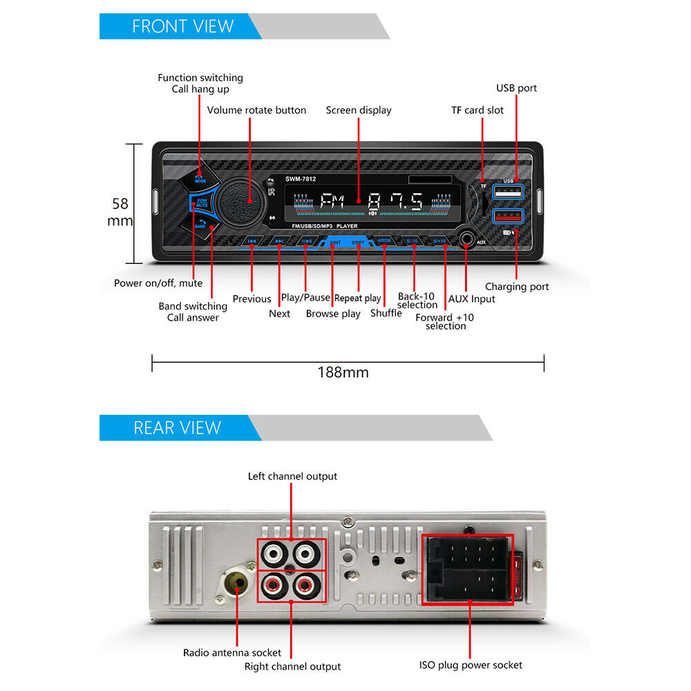 Car Radio Stereo Player 4 way RCA AUX Bluetooth 5.0 Music Audio Auto MP3 Player