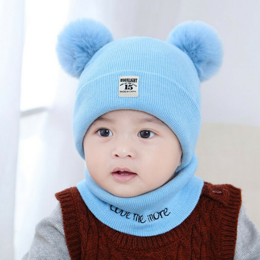 2pcs set Baby Winter Warm Knit Hat Infant Toddler Pom Beanie   Sky Blue