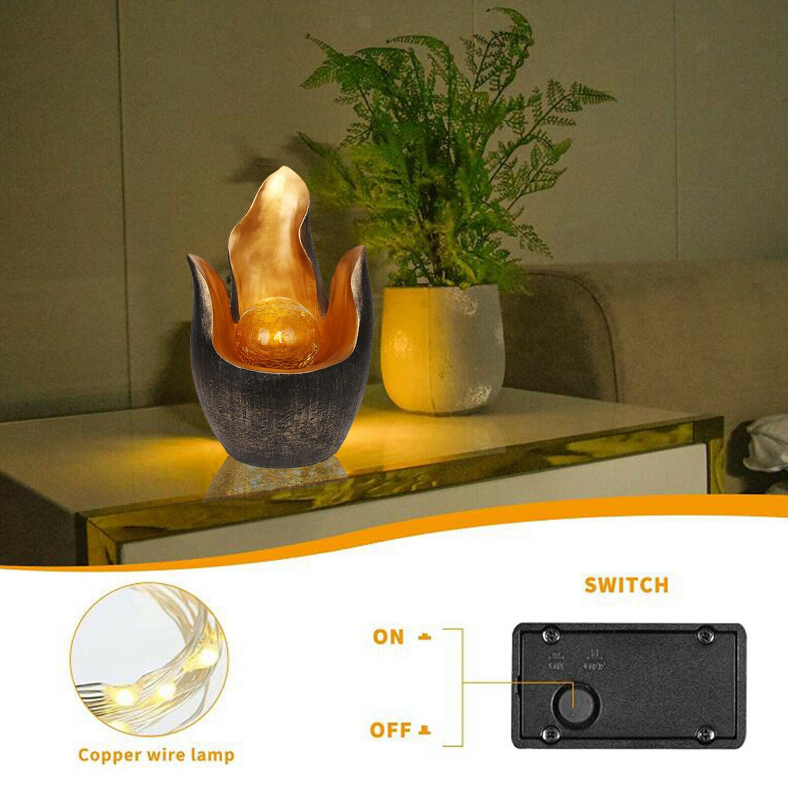 Flower Shape Solar Power Light Amber Crackle Globe Glass Decor Waterproof